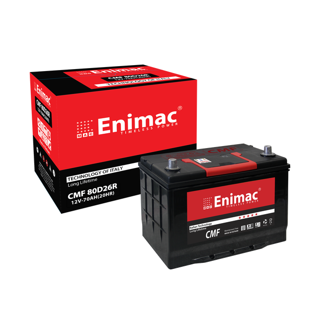 High Quality ENIMAC MF CMF80D26R 12V 70AH 620A CCA Pure Lead P2 Terminal Car Battery Vietnam New 12-Month Warranty All Car Makes