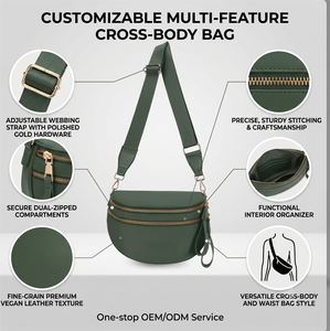 Bolso Bandolera Vintage Verde Oscuro <span class=keywords><strong>en</strong></span> Forma de Media Luna para Mujer, de Cuero Vegano de Lujo, con Correa Ancha y Diseño de Doble Cremallera - Product Image 2