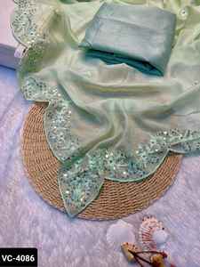 Estilo moderno indio suave Tabby Organza lentejuelas bordadas trabajo con bordado Arco corte borde Sari con blusa Banglory de satén - Product Image 5