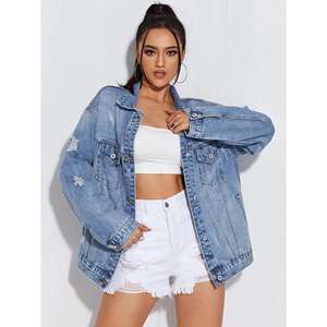 Veste en jean courte pour femme avec col boutonné sans manches longues pour l'été hiver automne - Product Image 1