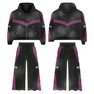 Ensemble survêtement vintage zippé avec sweat à capuche uni et pantalon de survêtement évasé, effet délavé, haute qualité, hiver 2025 - Product Image 6