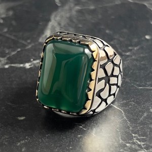 Anillo de Plata de Ley 925 para Hombre con Engaste de Bisel, Corte Cuadrado, Piedra Preciosa de Ágata Verde Natural, Estilo Bohemio, Hecho en Turquía, para Uso Diario - Product Image 3