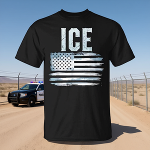 T-shirt promozionale con bandiera americana effetto distressed e stampa Ice Police - Product Image 3