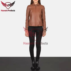 <b>Womens</b> Real Brown Leather <b>Jacket</b> <b>Shirt</b> Collar Sheepskin Coat Central Zipper Front Side Pockets Tailored Fit Custom Warm Outwear - Product Image 2