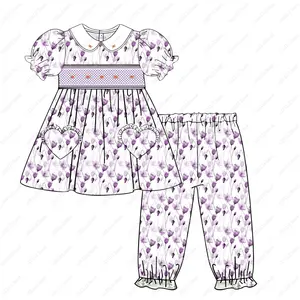 Smocked bé gái Đồ ngủ được xây dựng trong nhà cung cấp in hoa thiết kế Mùa Đông, smocking Pijama cho cô gái, OEM - ODM sm230805pj
