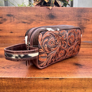 Neceser de viaje occidental personalizado con cremallera de cuero genuino para mujer Kits Dopp - Product Image 3