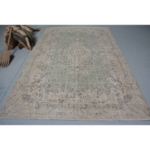 Vintage Turkish Rug Beige Green 6.3 X 9.8 ft Wool Flat Weave with Patchwork Pattern for Living Room Decorations - Product Image 1