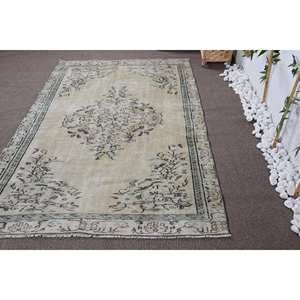 พรมตุรกี ขนาด 4.8x7.7 ฟุต พรมวินเทจ สีเบจ-น้ำเงิน ลายปะติดปะต่อ ทำจากขนสัตว์ - Product Image 1