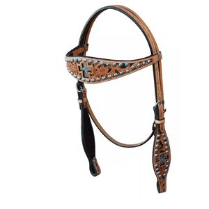 Western cuir croix clouté têtière usinée et collier de poitrine argent clouté Tack Set Top qualité cuir de qualité supérieure - Product Image 1