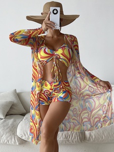Traje de baño personalizado al por mayor 2026 para mujer, conjunto de 3 piezas de bikini de cintura alta con manga larga y cordón, vestido de playa y pareo. - Product Image 4