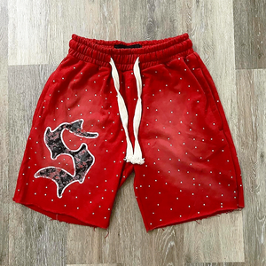 Shorts pour hommes vintage délavés à l'acide avec logo personnalisé imprimé en strass, 100% coton, shorts de sport décontractés avec impression de logo personnalisé - Product Image 2