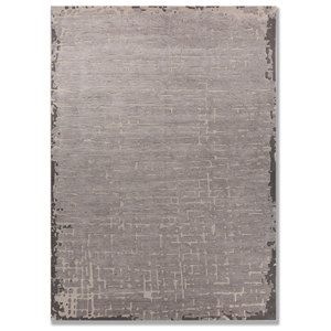 Alfombra de Lana y Viscosa Tejida a Mano en Gris y Negro con Diseño Abstracto de Rayas Rectangulares para Sala de Estar, Modelo TR-15282 - Product Image 1