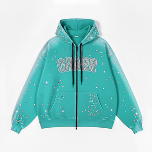 Sweat à capuche d'hiver surdimensionné 100% coton pour hommes avec fermeture à glissière strass lavé motif solide impression personnalisée - Product Image 1