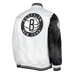 Chaqueta de baloncesto universitaria de satén personalizada, bombardero universitario de invierno con cuello levantado y bordado completo, diseño de letras a presión de seda de dos colores - Product Image 3