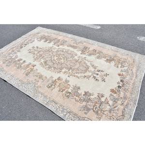 Alfombra turca Vintage clásica Beige gris de 5,6x8,9 pies, diseño de retazos hecho a mano, lana, Material de seda de bambú, respaldo de látex para la vida - Product Image 4