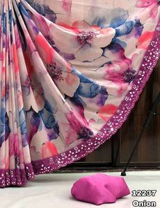 Fancy Trending Wear Chiffon Floral Digital Print <strong>Saree</strong> Blouse With <strong>Embroidery</strong> &amp; <strong>Mirror</strong> and Cut Border Sequins Work Woman Fashion - Product Image 4