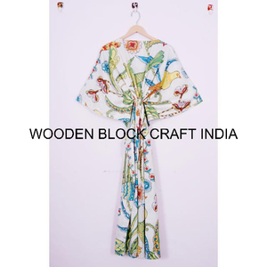 Handmade Multicolor Birds Printed Solid Cotton Block Print High-Demanded Long Maxi <b>Kaftan</b> <b>Dress</b> Elegant Loose Fit Floral Print - Product Image 6