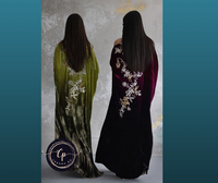 Kaftan de soirée luxueux en velours pur ombré couleur kiwi, brodé à la main, taille naturelle, longueur ras du sol, coupe modeste