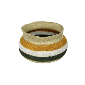 Cesta de Almacenamiento Redonda Hecha a Mano, Estilo Bohemio, Tejida con Hierba Marina, Color Marrón, Crema y Verde a Rayas, Cesta para Ropa Sucia - Product Image 4