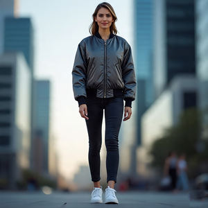 Chaqueta Bomber de satén de béisbol informal de alta calidad para mujer, punto ligero con cuello redondo de cremallera, característica transpirable - Product Image 3