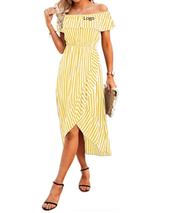 Robe longue d'été imprimée à rayures pour femmes, tenue de plage Maxi décontractée à épaules dénudées, taille haute, fendue, à volants, sans manches - Product Image 4