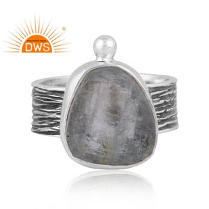 Anillo de banda de piedras preciosas aguamarina rugosa Natural de plata esterlina oxidada de Venta caliente Fabricante de joyería personalizada - Product Image 3