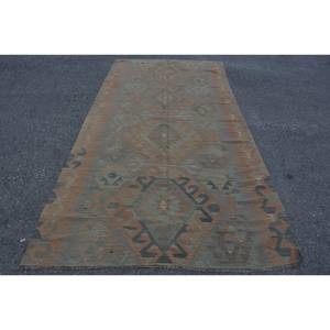 Alfombra de lana verde naranja Kilim, alfombra de tejido plano turco de 5x9 pies, patrón de retazos, decoración de sala de estar con respaldo de látex - Product Image 1