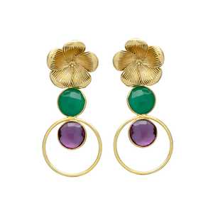Pendiente de gota circular de piedras preciosas de amatista y ónix verde con cabeza de flor, pendiente de piedras preciosas, pendiente hecho a mano - Product Image 1