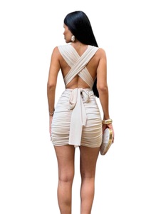 Abito midi in cotone intrecciato senza schienale, aderente, <span class=keywords><strong>con</strong></span> <span class=keywords><strong>spalline</strong></span> <span class=keywords><strong>incrociate</strong></span>, design arricciato, vita naturale, traspirante, <span class=keywords><strong>con</strong></span> strato velato, ideale per l'ufficio - Product Image 1
