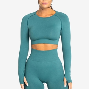 Conjunto de Yoga de algodón transpirable de 2 piezas para mujer, ropa de gimnasio sin costuras, Tops cortos, traje deportivo de entrenamiento, OEM, venta al por mayor, MOQ bajo - Product Image 2