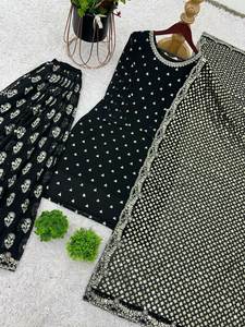 Femmes musulmanes Spécial Faux Georgette Tissu Full Sleeve Pattern Mirror Work Salwar & Sharara Plazzo With Lace Border Dupatta Set - Product Image 4