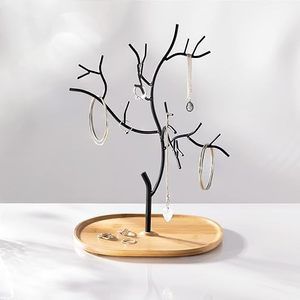 ขาตั้งเครื่องประดับต้นไม้โลหะ-ผู้จัดที่แขวนจอแสดงผลที่มีฐานจานไม้เพื่อเก็บสร้อยคอ, กำไล, แหวน, - Product Image 1