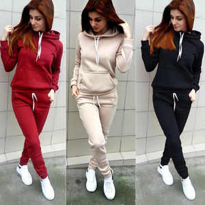 Traje de jogging informal con logotipo personalizado para mujer, Sudadera con capucha en blanco con patrón sólido para chándal de salón, conjunto largo de dos piezas, pantalones de chándal para correr - Product Image 1