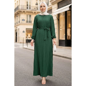 ชุดเดรส Zaranur Modest Benetton พร้อมเข็มขัดถอดได้ ลายทางเรียบง่าย พิมพ์ลาย ทรงหลวมตรงยาว - Product Image 1