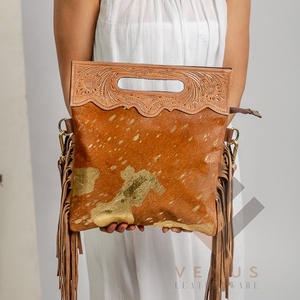 Stylish Bohemian Gypsy Lady Genuine Leather Women's Shoulder Bag Zipper Cow Hide Hair Fringe Crossbody Sling Bag - Product Image 5