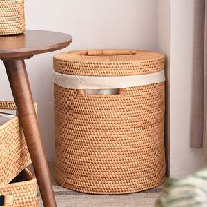 Natural Eco Friendly Rattan Trash Bin Waste Bins Sustainable Woven Laundry <b>Hamper</b> Basket with Lid and Handle - Product Image 3