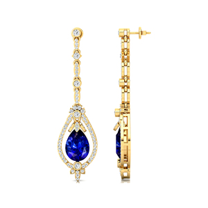 Boucles d'oreilles pendantes en or massif faites à la main avec saphir bleu cultivé en laboratoire à 100% et diamants véritables, style mignon, cadeau de fête, bijoux - Product Image 4