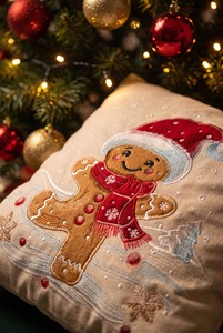 Housse de coussin décorative de Noël personnalisée en velours brodé motif maison de pain d'épices, 47x47cm, lavable, avec fermeture éclair, festive - Product Image 1
