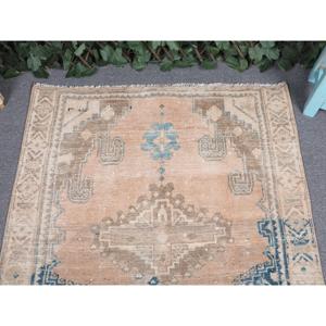 Vintage Small Moroccan Rug 3.3x3.9 ft Blue <b>Brown</b> Patchwork <b>Wool</b> with Latex Backing Eco-Friendly Home Rug - Product Image 3