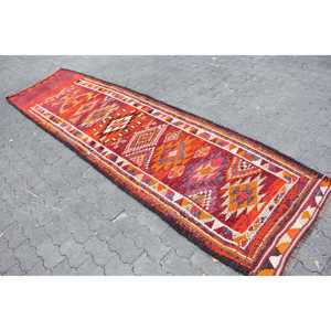 Vintage Turkish Herki Rug 2.8x11.3 ft, <b>Red</b> <b>Runner</b> Check Wool Rug - Product Image 2