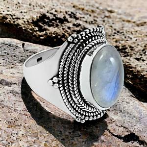 มูนสโตนสีรุ้งธรรมชาติ 925 เงินสเตอร์ลิงรูปไข่แหวนเครื่องประดับแฮนด์เมดขายส่งราคาโรงงานซัพพลายเออร์ผลิตในอินเดีย - Product Image 2