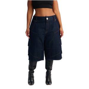 <b>Womens</b> Dark Blue Denim <b>Cargo</b> <b>Shorts</b> Regular Fit Knee Length Utility Pocket Casual Streetwear Summer Fashion Bermuda Washed Woven - Product Image 1