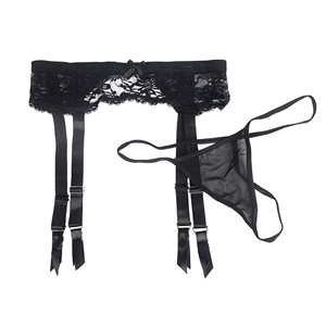 Black <b>lace</b> thong <b>panties</b> with metal button and garter belt - Product Image 4