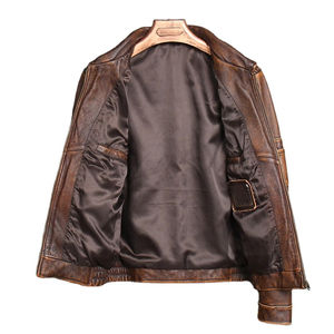 Veste en cuir de vachette véritable marron vintage pour homme, blouson bombardier épais avec col montant et logo sur le devant en toile, OEM - Product Image 4