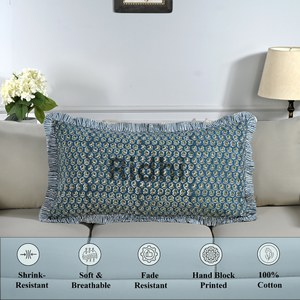 Funda de Almohada Lumbar con Volantes RIDHI, Diseño Floral Azul Pavo Real, 20x36, Estampado a Mano, Algodón, Personalizable, Removible, Lavable, Decorativa - Product Image 5