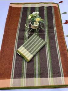 Sari de seda formal para mujer Sofisty con borde dorado, telar manual de lino blanco, estilo muy indio - Product Image 6