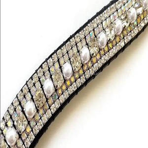 Forma de onda, venta al por mayor, banda para cejas de caballo de cuero genuino negro, 5 filas, cristales transparentes dorados, perlas, diamantes de imitación, bandas para cejas ostentosas - Product Image 3