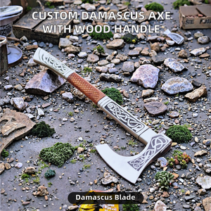 Hache de camping de haute qualité, qualité industrielle et DIY, service OEM/ODM, tête de tomahawk en acier Damas gravé, manche en bois - Product Image 2