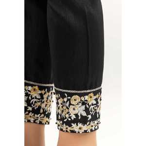 Pantalon en satin de soie brute noir TR-22-125, taille haute, broderie décorative, 100% soie - Product Image 2