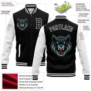 Custom <b>Black</b> White 3D Pattern Design Bomber Full-Snap Varsity Letterman Jacket <b>Windbreaker</b> Vintage Men's Varsity Jacket - Product Image 5